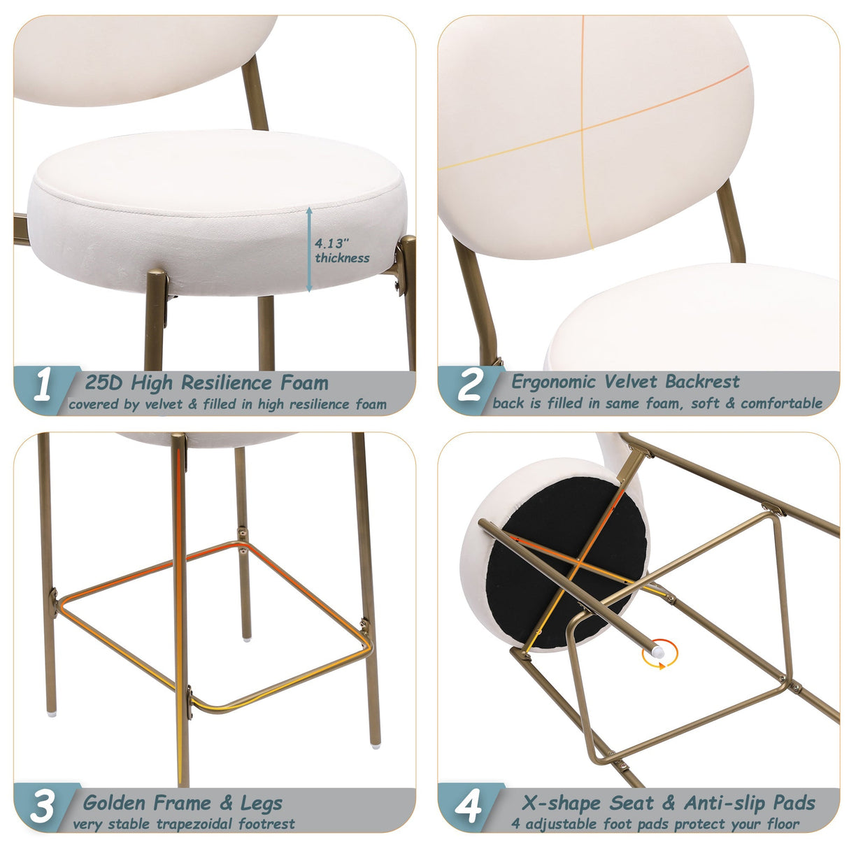 29'' Upholstered Velvet Bar Stools with Backrest & Footrest Set of 2