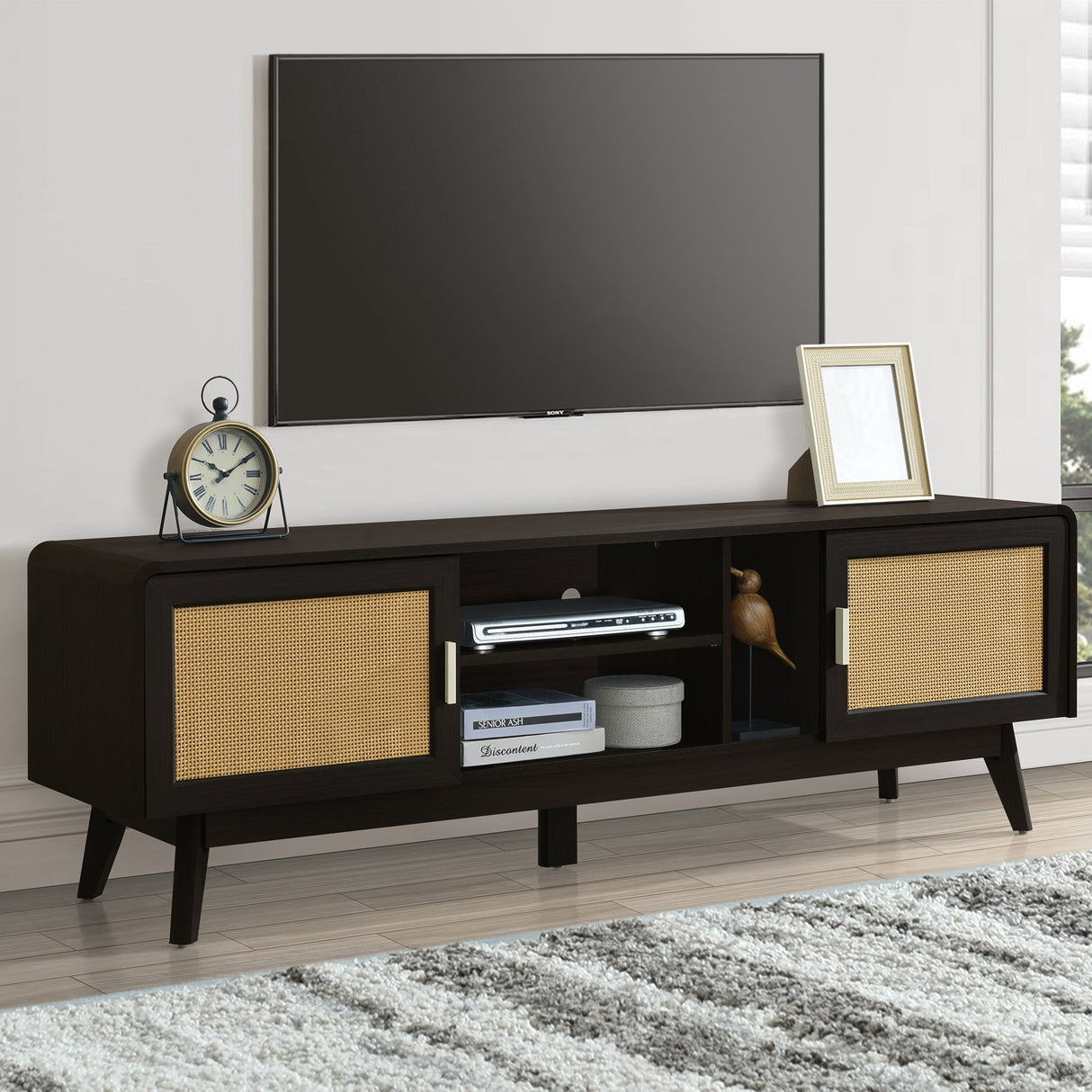 63'' Dark Rattan TV Stand with 2 Storage Cabinets and Solid Wood Legs