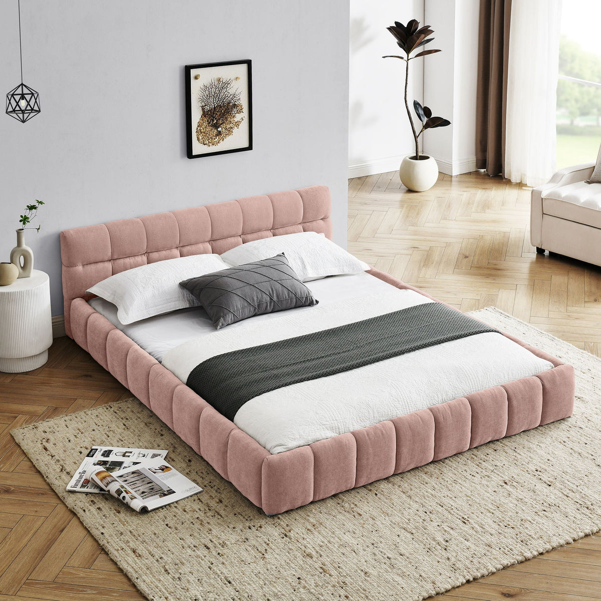 Modern Platform Bed Frame With Thick Fabric