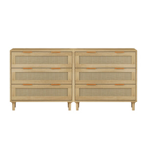 3 Drawers Rattan Storage Cabinet Rattan Drawer, For Bedroom, Living Room, Dining Room, Hallways (Set of 2) - Oak