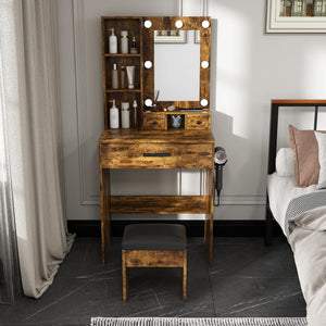 Vanity Set with Mirror, Adjustable LED Lights & Power Outlet - Wood & Mirror