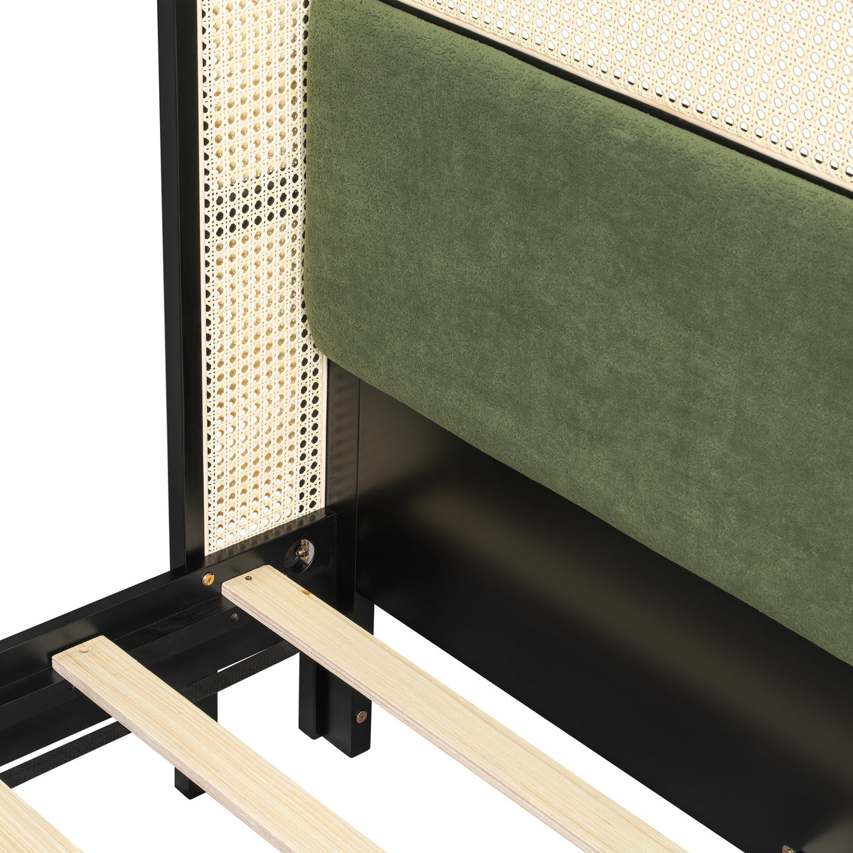 Queen Size Bed Frame with Plush Green Upholstered Headboard