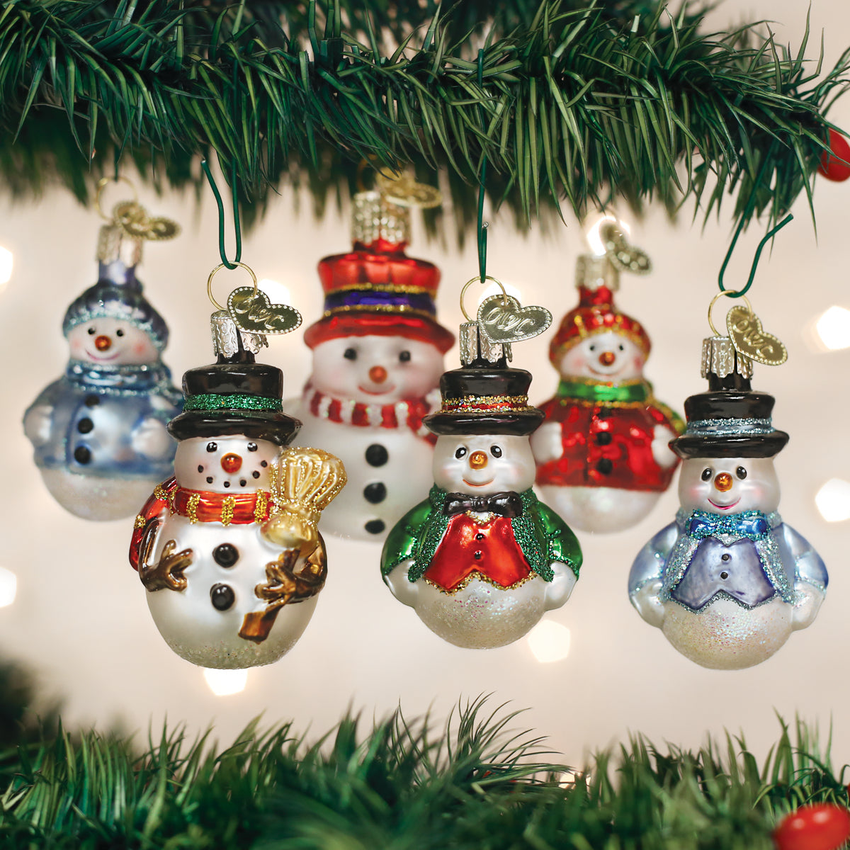 Mini Snowman Ornament Set of 6 Hand-Painted Blown Glass