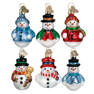 Mini Snowman Ornament Set of 6 Hand-Painted Blown Glass