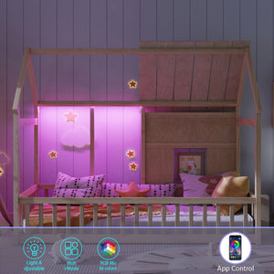 House Floor Bed With 7 Color LED Light, Built In Bookshelf
