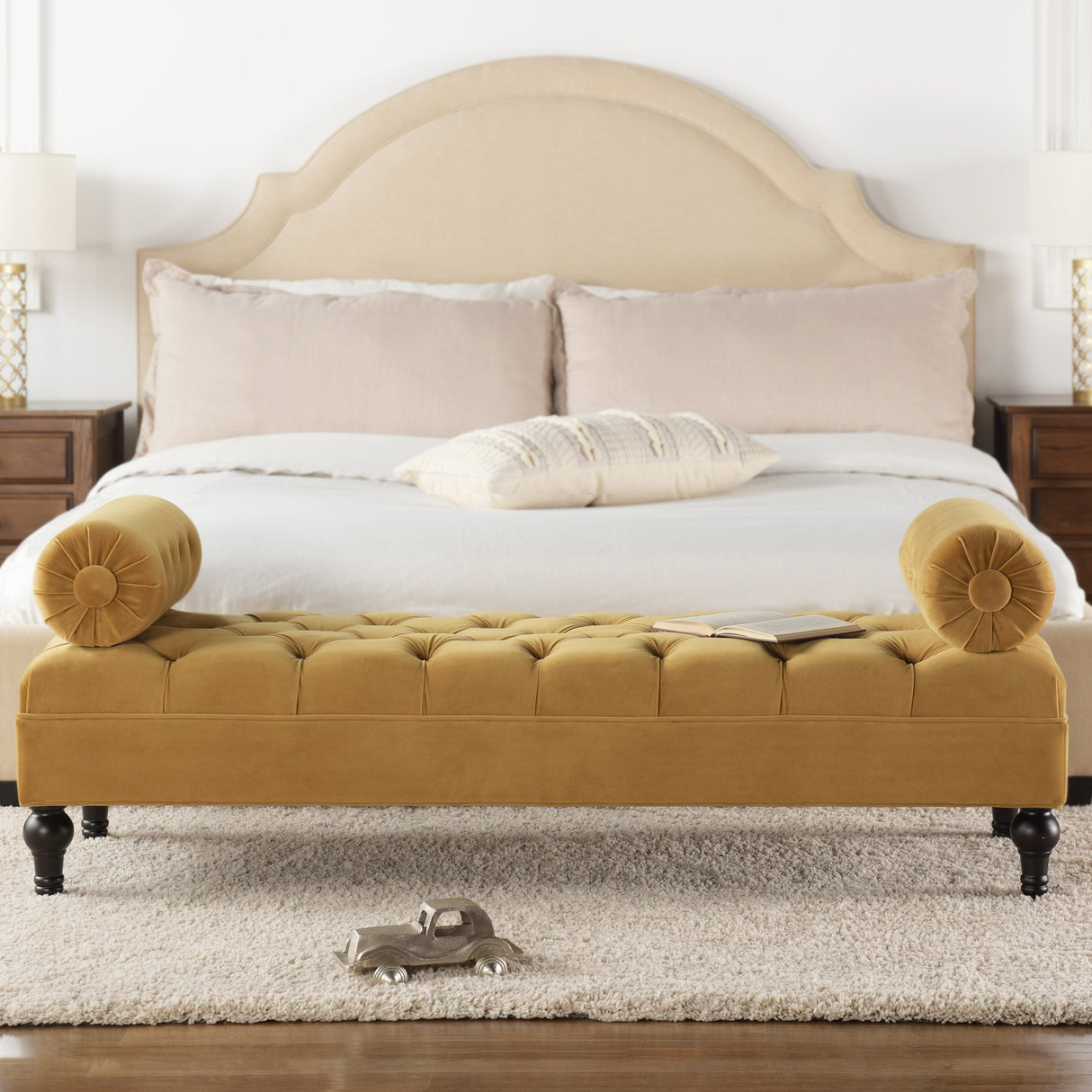 Lewis-Bolster-Arm-Entryway-Bench,-Gold-Velvet-