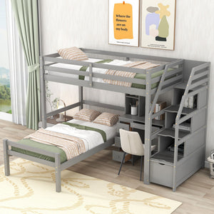 Loft Bed With Stand Alone Bed, Storage Staircase, Desk, Shelves, And Drawers