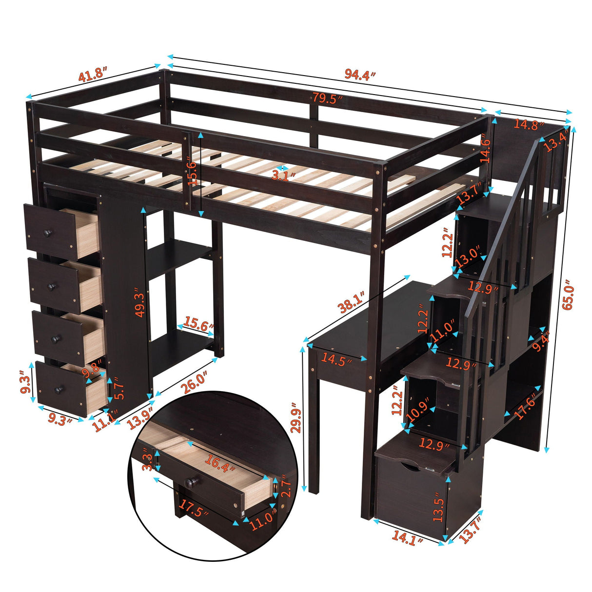 Loft Bed With Storage Drawers, Desk And Stairs With Shelves