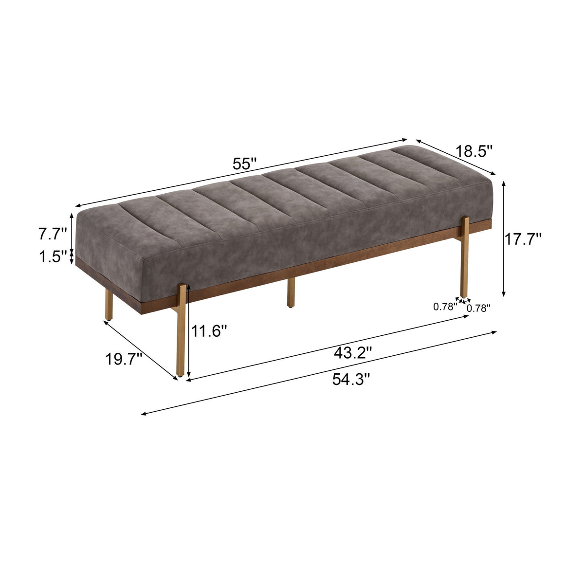 Thorian - Luxury Upholstered Ottoman Bench With Channel Tufting And Metal Base - Gold / Gray