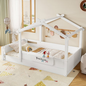 Twin Size Floor Bed with Guardrails and Roof
