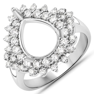 0.89 Carat Genuine White Diamond 14K White Gold Semi Mount Ring - holds 11x9mm Pear Gemstone