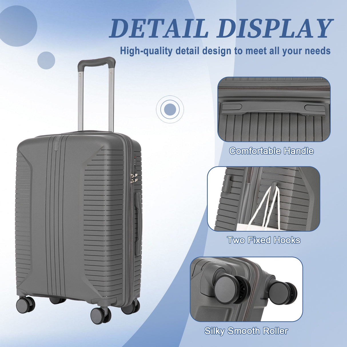3-Piece PP Spinner Wheel Luggage Set 20/24/28 Silver Grey