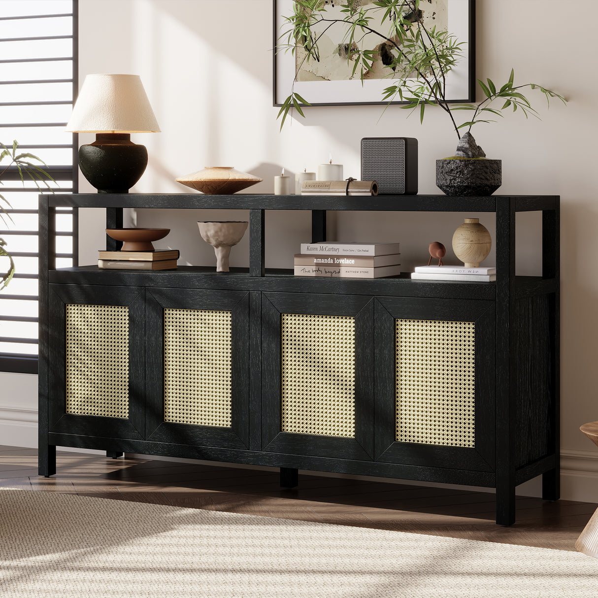 TREXM Bohemian Style Rattan Buffet Storage Cabinet with Solid Wood Frame (Black)