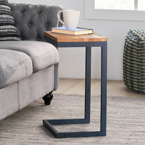 C Shaped End Table With Iron Base And Fir Wood To