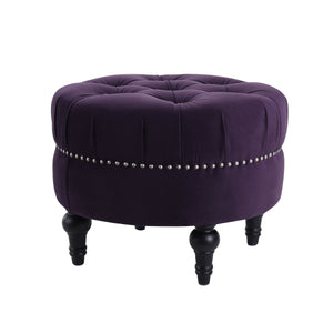 Dawn Tufted Round Ottoman in Purple Velvet with Nailhead Accents