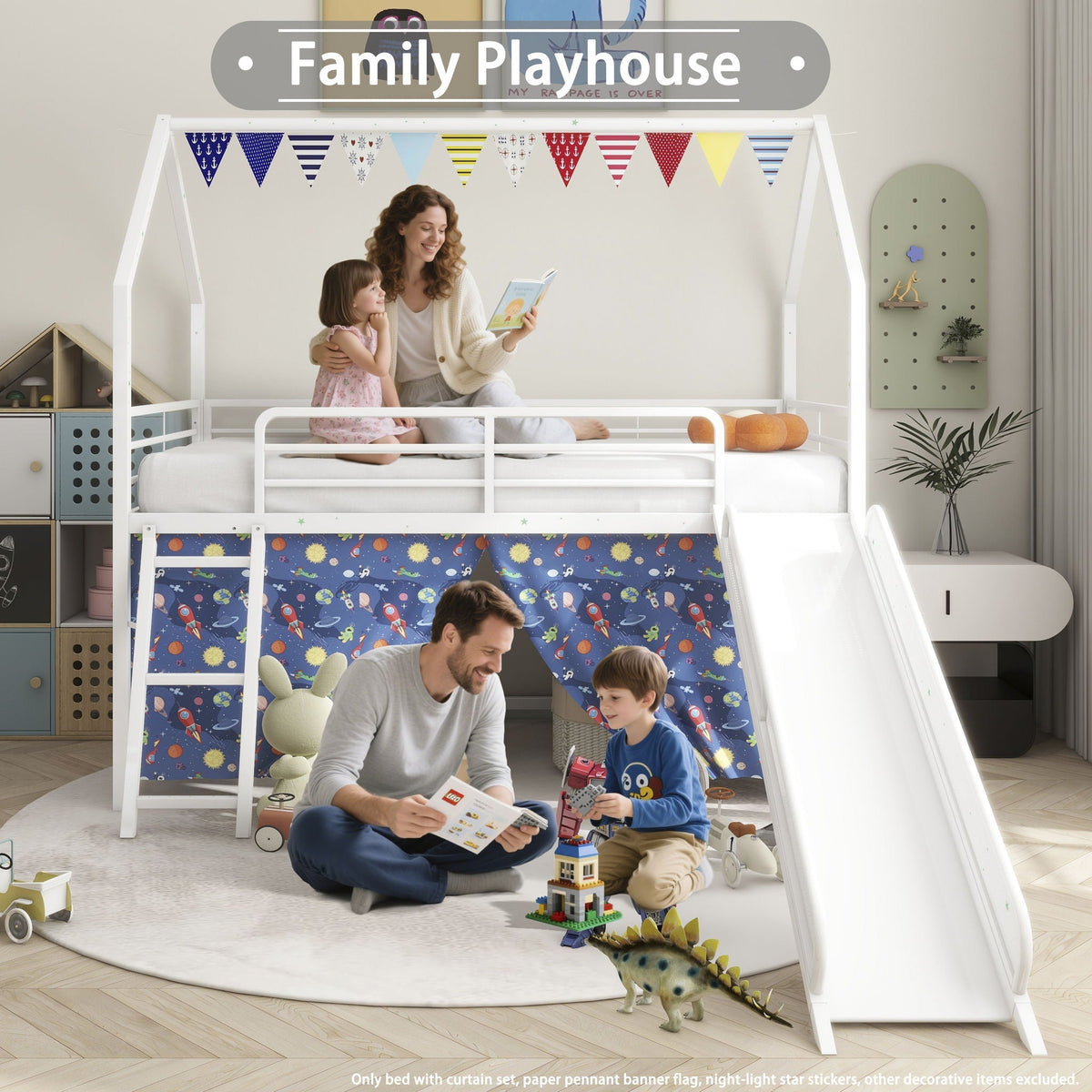 Jack - House Loft Bed With Slide And Curtain Set