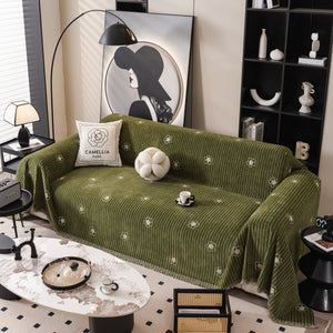 Chenille Camellia Floral Sofa Throw Cover Couch Blanket with Striped Jacquard