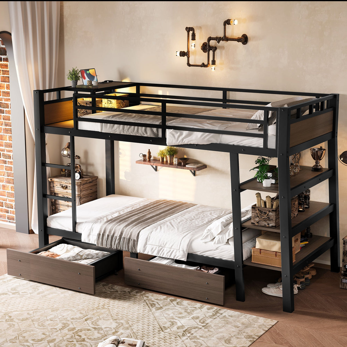 Twin Size Metal Bunk Bed with Storage Shelves, LED Light Strip, and USB Power Strip