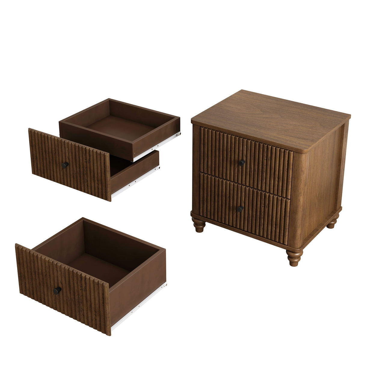 Mid Century Modern Fluted Nightstand 2 Piece Set With 3 Drawers - Walnut