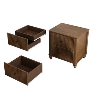 Mid Century Modern Fluted Nightstand 2 Piece Set With 3 Drawers - Walnut