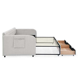 Daybed With Trundle And Storage Drawers, Flat Arms With Pocket