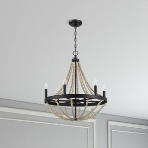 Starry - Chandelier 6 Candle Light Wood Beaded Pendant Light For Dining Room - Black / Clear