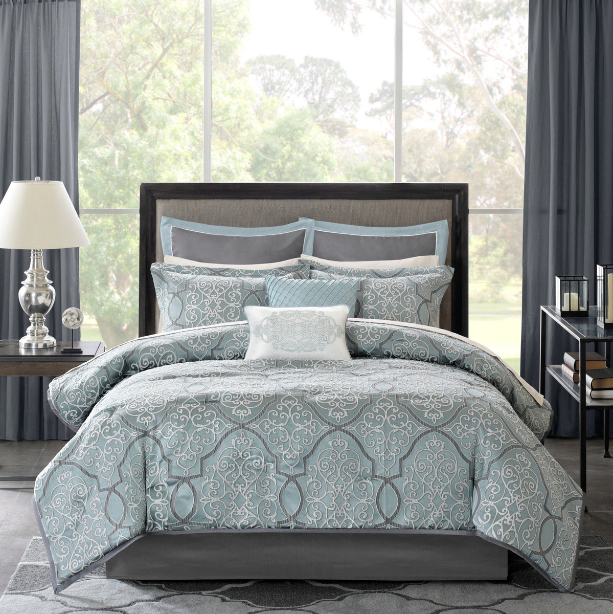 12 Piece Blue King Comforter Set with Cotton Bed Sheets