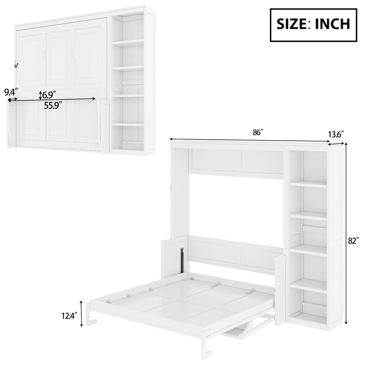 Murphy Bed with Desk and Bookshelf - Solid Pine, Full & Queen Sizes