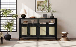 TREXM Bohemian Style Rattan Buffet Storage Cabinet with Solid Wood Frame