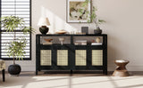 TREXM Bohemian Style Rattan Buffet Storage Cabinet with Solid Wood Frame