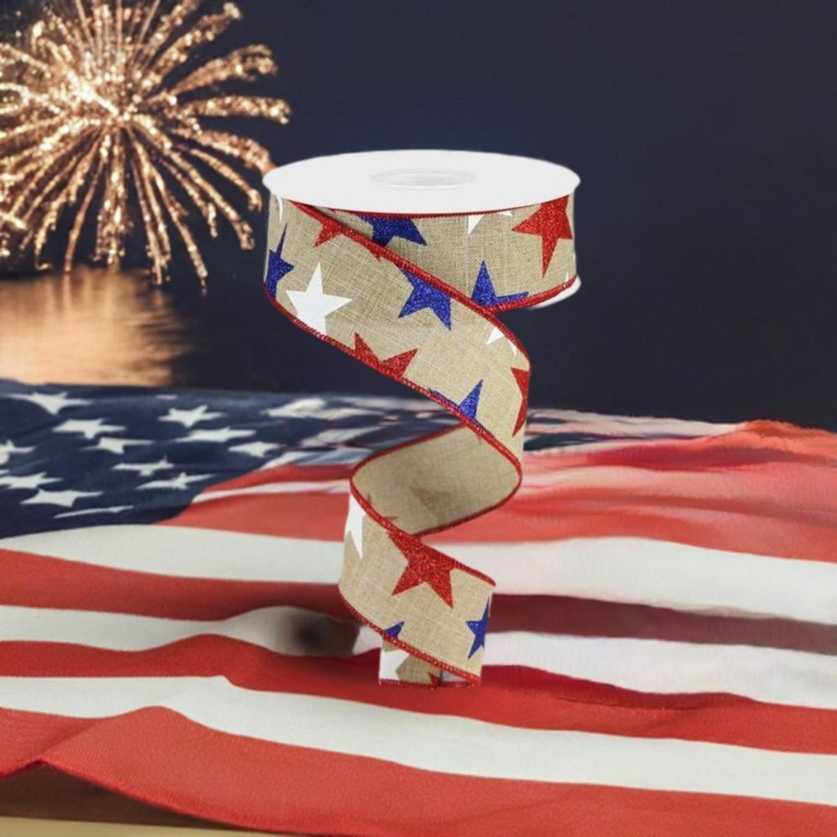 1.5" Beige Royal Canvas Ribbon: Patriotic Stars (10 Yards)