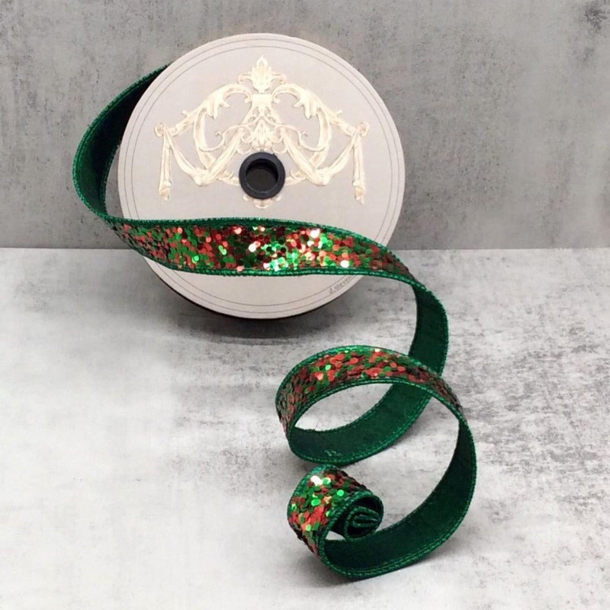 1" Cirque Glitter Ribbon: Emerald Green/Red (10 Yards)