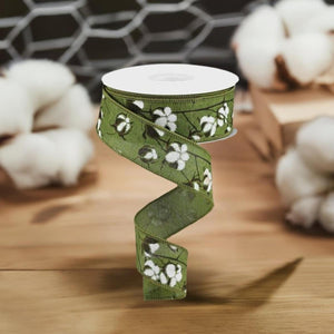 1.5" Cotton Pod Ribbon: Moss Green & White (10 Yards)