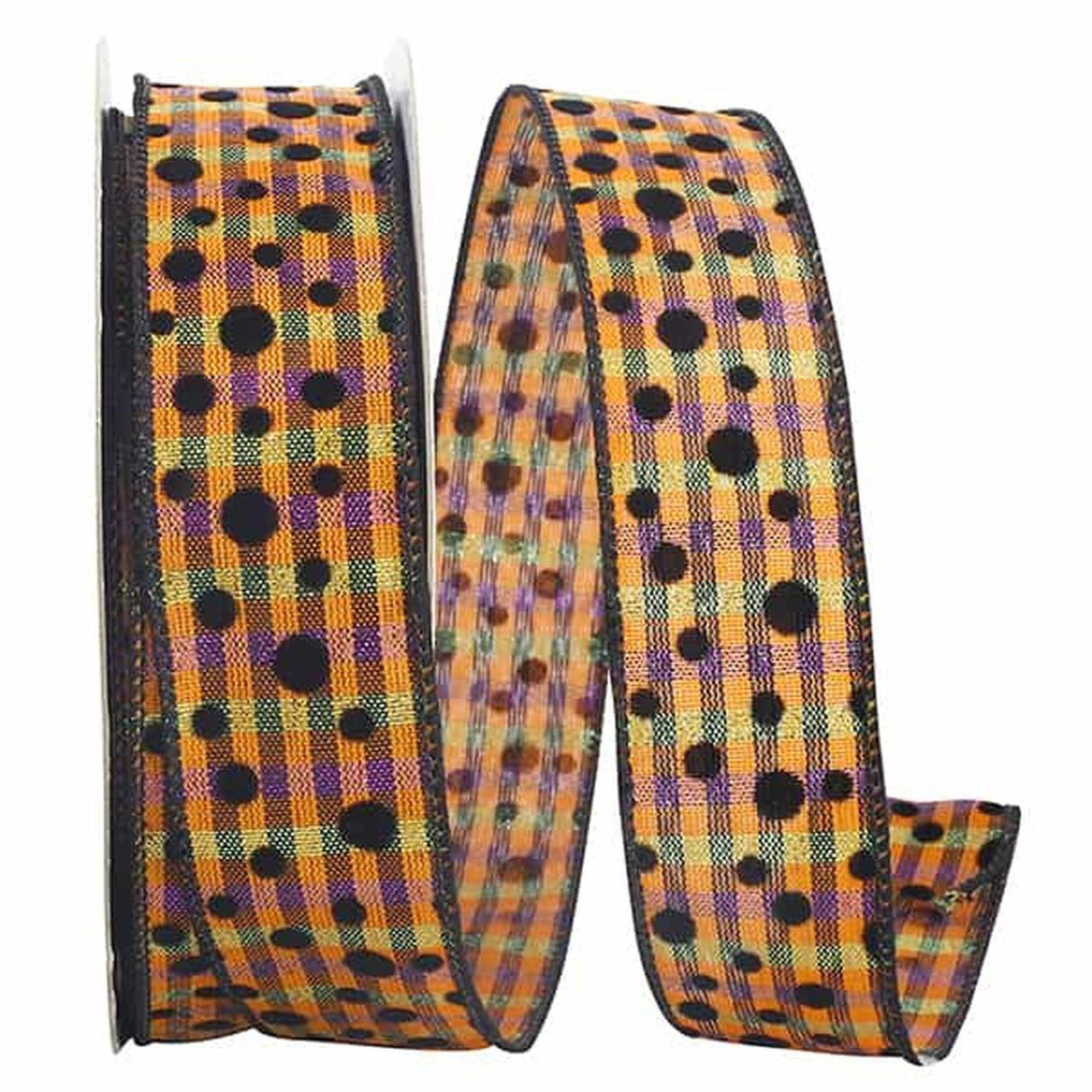 1.5" Halloween Felt Dots Ribbon: Orange/Purple (20 Yards)