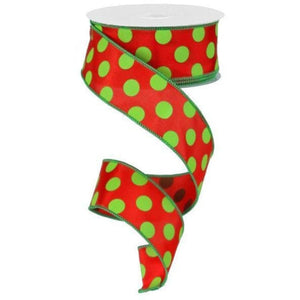 1.5" Large Polka Dot Ribbon: Red & Lime Green (10 Yards)