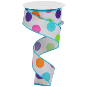 1.5" Multi Polka Dots on Royal Ribbon: White (10 Yards)