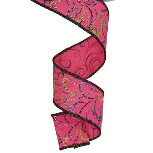 1.5" Multi Swirls Glitter Ribbon: Hot Pink/Lime/Black (10 Yard)
