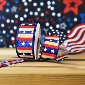 1.5" Navy Glitter Stripes With Stars Ribbon: Natural (10 Yards)