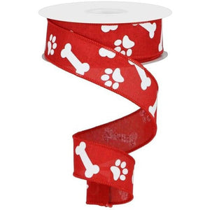 1.5" Paw Print Royal Ribbon: Red & White (10 Yards)