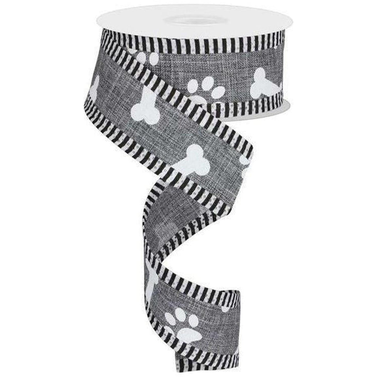 1.5" Paw Print Thin Stripes Ribbon: Grey (10 Yards)