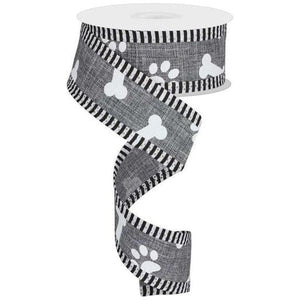1.5" Paw Print Thin Stripes Ribbon: Grey (10 Yards)