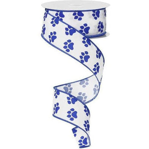 1.5" Satin Paw Print Ribbon: Blue & White (10 Yards)