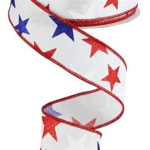 1.5" White Royal Canvas Ribbon: Patriotic Stars (10 Yards)