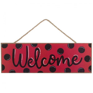 15" Wooden Sign: Welcome Red, Black Dots