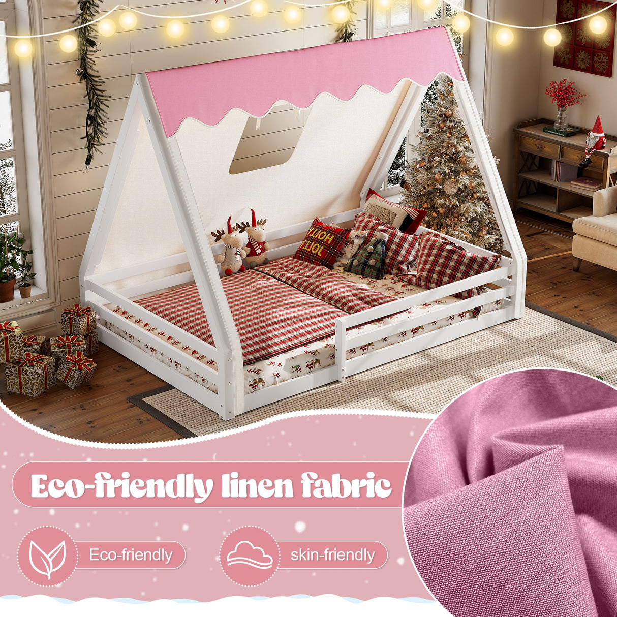 Full Size House Floor Bed with Tent and Light