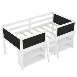 Low Loft Bed With Movable Shelves And Ladder, Decorative Chalkboard Guardrail