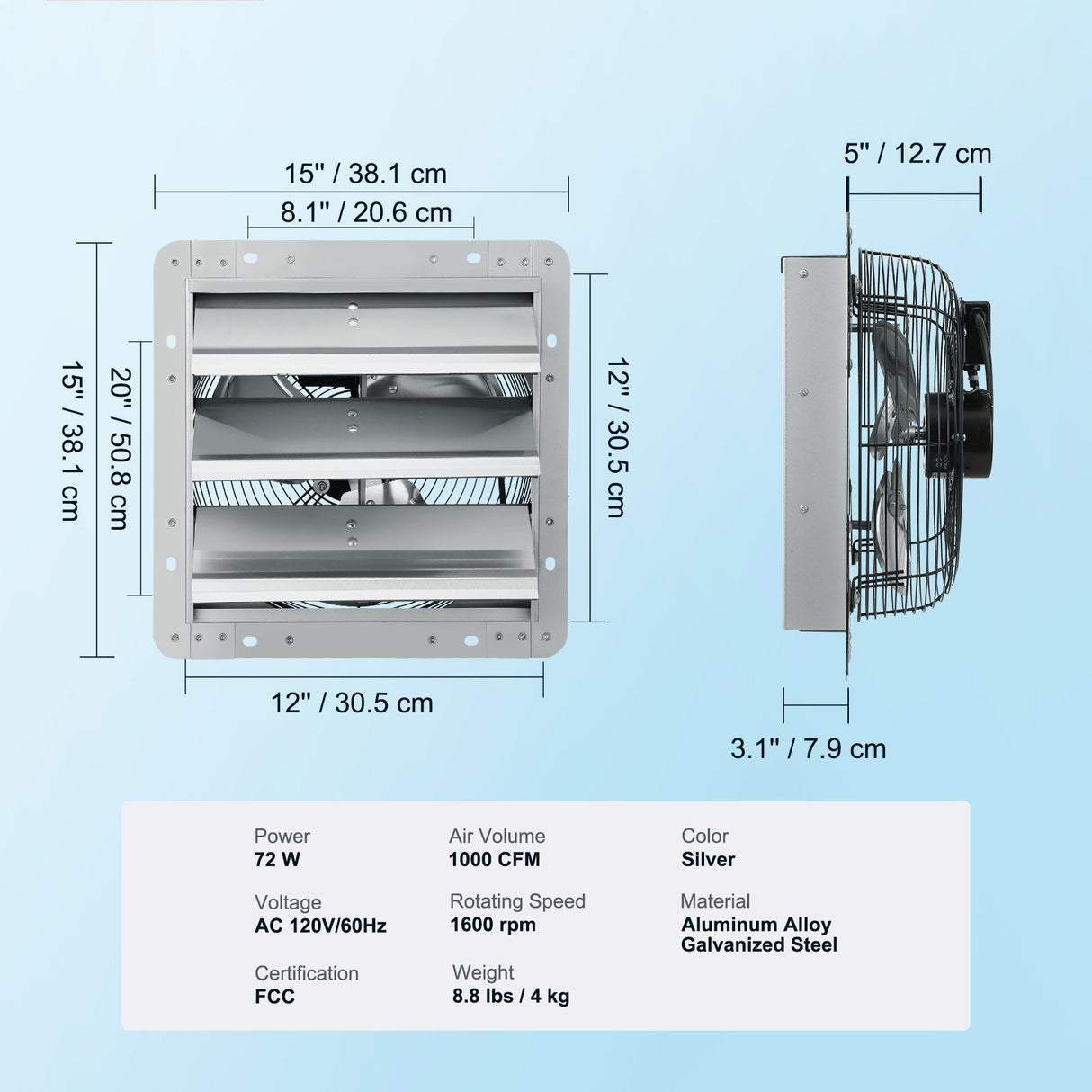 12" Shutter Exhaust Fan, High-Speed 1000 CFM
