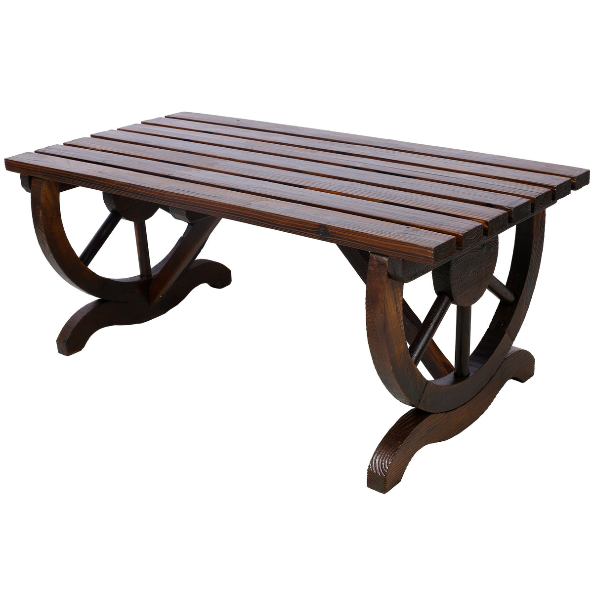 Outdoor Rustic Wooden Bench with Wagon Wheel Legs, 2 People Outdoor Bench Garden Bench Front Porch Furniture Patio Lawn Yard Park, Indoor and Outdoor Decor