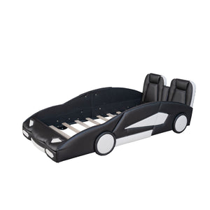 Race Car Shaped Twin Platform Bed With Wheels, Pine Wood Construction