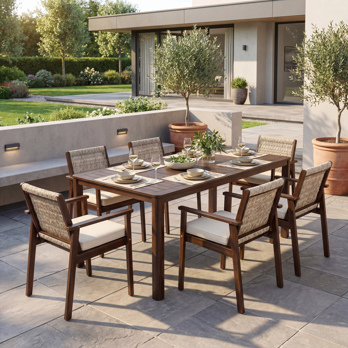 7 Piece Outdoor Acacia Wood Dining Set With Cushions